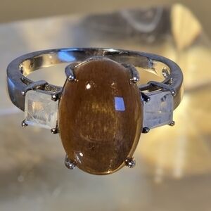925 Sterling Silver Ring Sz 7.75 with Natural Gold Sunstone & Moonstone Gems